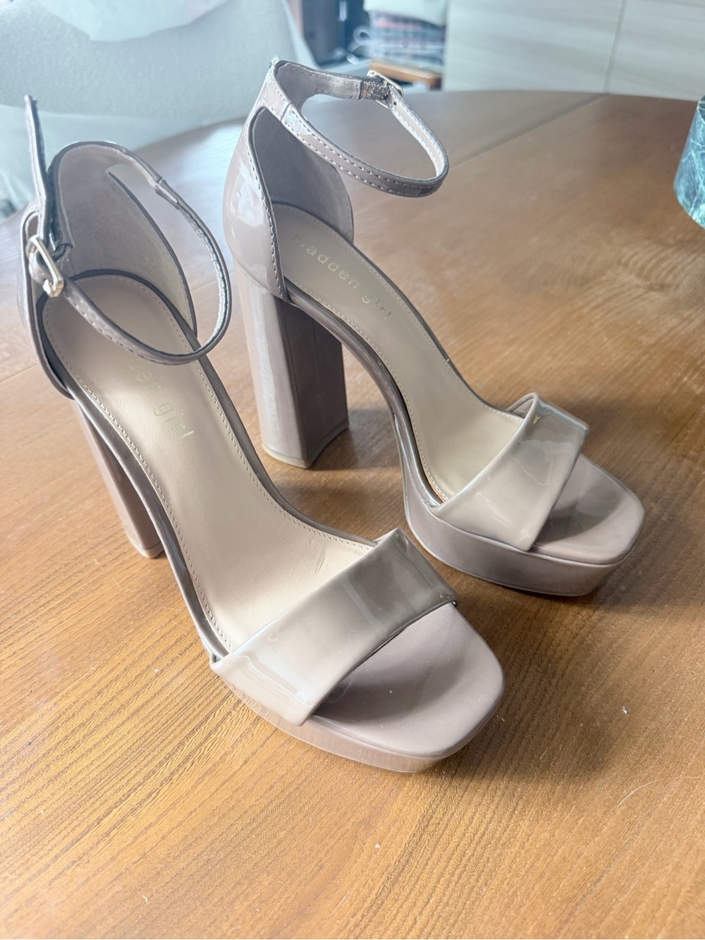 Block Heel Ankle-Strap Sandals in Taupe